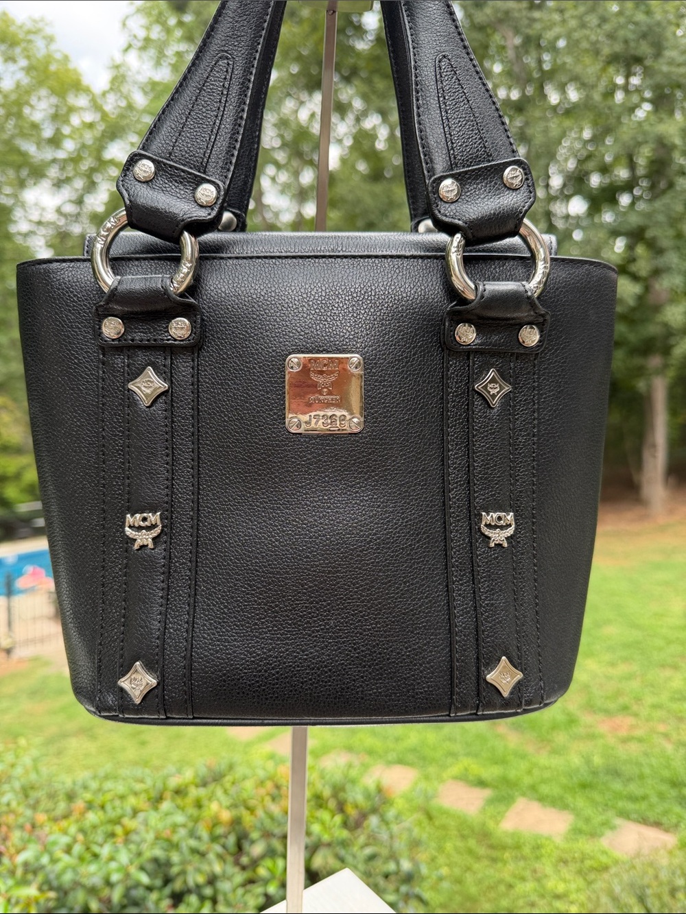 MCM Black Leather Shoulder Bag with Gold Plaque and mini coin purse GUC